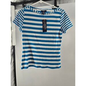 Chaps Womens Turquoise White Striped Cotton Short Sleeve Knit Top NWT Size M